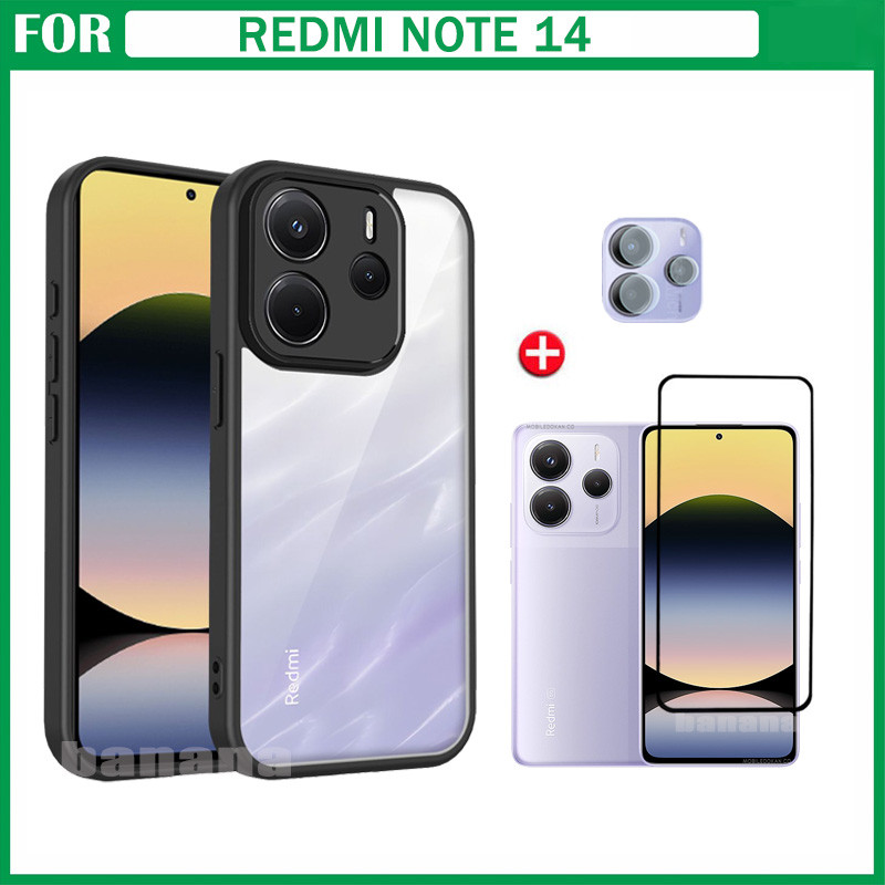 Ốp điện thoại 3 trong 1 Redmi Note 14 Bảo vệ chống rơi mờ với kính cường lực bảo vệ màn hình và màng ống kính cho Redmi Note 14 5G Note 14S Note 13 Pro 4G