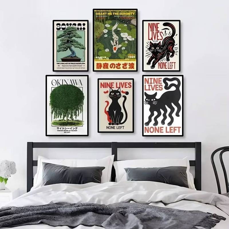 Poster Nhật Bản không khung, in cây liễu Nhật Bản, cá koi mèo đen và chín mạng, trang trí tường nghệ thuật phòng khách hiện đại