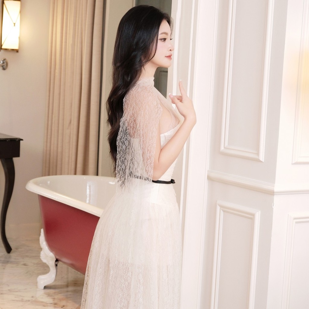 Đầm lưới kem form xòe bồng Khiết Fashion thiết kế thả dây lơi mềm mại phong cách tiểu thư sang trọng KD322