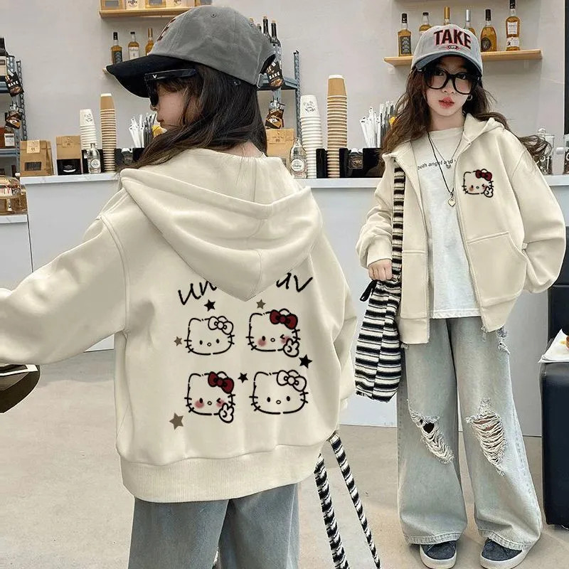 Hoạt Hình Hello Kitty Cardigan Có Mũ Trùm Đầu Mùa Xuân Thu Áo Khoác Bé Gái Thu Đông Phong Cách Mới Vừa Lớn Trẻ Em Lông Cừu Lót Dây Kéo Swe