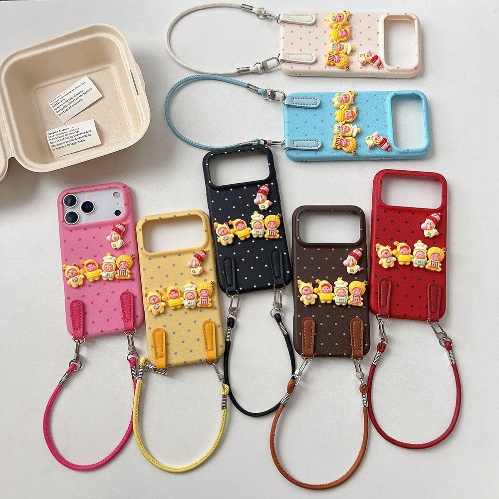 Ốp điện thoại bằng da lấp lánh 3D + dây buộc cho iPhone 17ProMax 17Air 16 15 14 13 12 11 Vỏ bảo vệ chống sốc