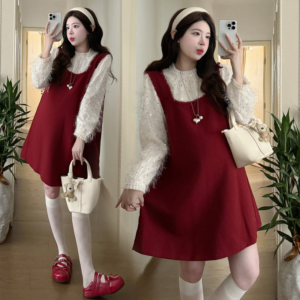 Bộ đồ bà bầu Thu Đông Váy sơ mi đính sequin Bộ đồ hai mảnh