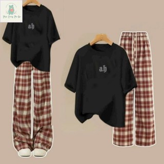 Sét Bộ Quần caro đỏ + mix áo phông form rộng -chữ AB--K