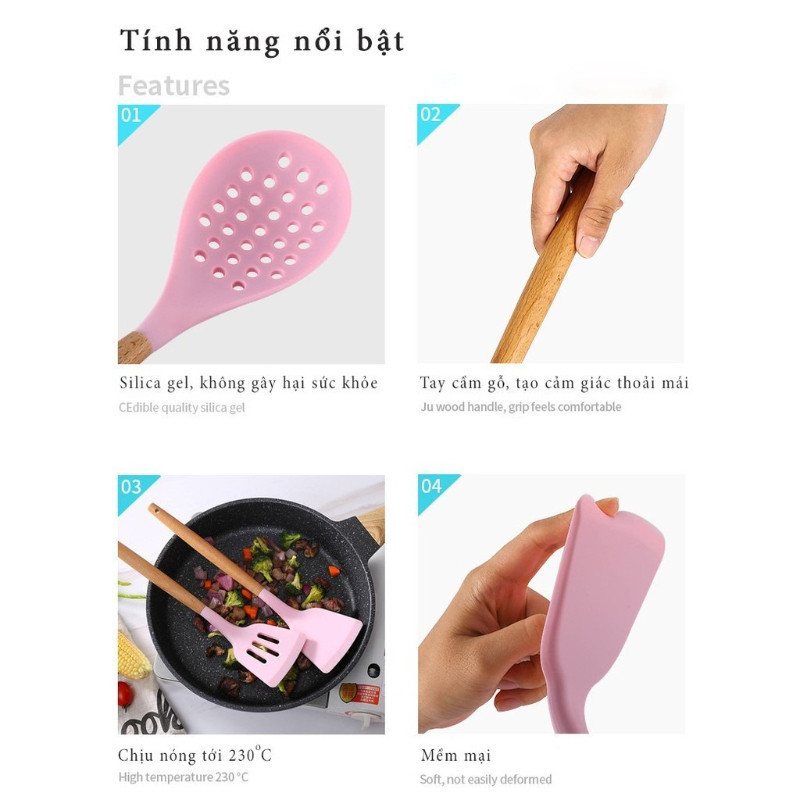 Bộ Dụng Cụ Nấu Ăn Gel Silicone, 12 Món Cán Gỗ Kitchen Set, nấu ăn làm bánh, Chịu Nhiệt Chống Dín
