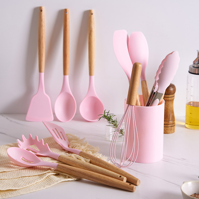Bộ Dụng Cụ Nấu Ăn Gel Silicone, 12 Món Cán Gỗ Kitchen Set, nấu ăn làm bánh, Chịu Nhiệt Chống Dín