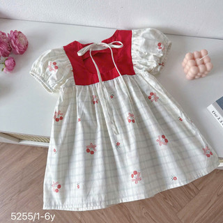 Váy Trắng Phối Đỏ Đính Cherry Cộc Tay Cho Bé Gái Chất Thô Lụa 8-26kg