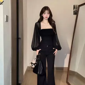 Cảm giác không khí Vải tuyn xuyên thấu Tay đèn lồng thoáng khí Gạc đen mỏng hơn Nhìn Top 2026 Mùa hè Phong cách mới hẹp