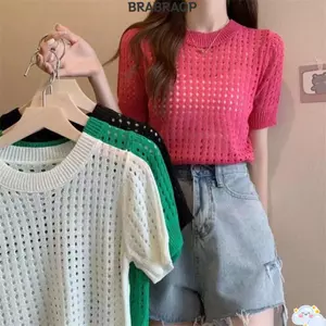 Áo BRABRAA Rỗng, Áo dệt kim ngắn tay mỏng ngắn, Áo thun thời trang thông thường mùa hè
