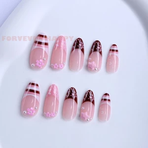 Móng tay giả hình hạnh nhân sọc nâu và thiết kế hoa hồng 24 miếng dùng cho tiệc cưới sử dụng hàng ngày