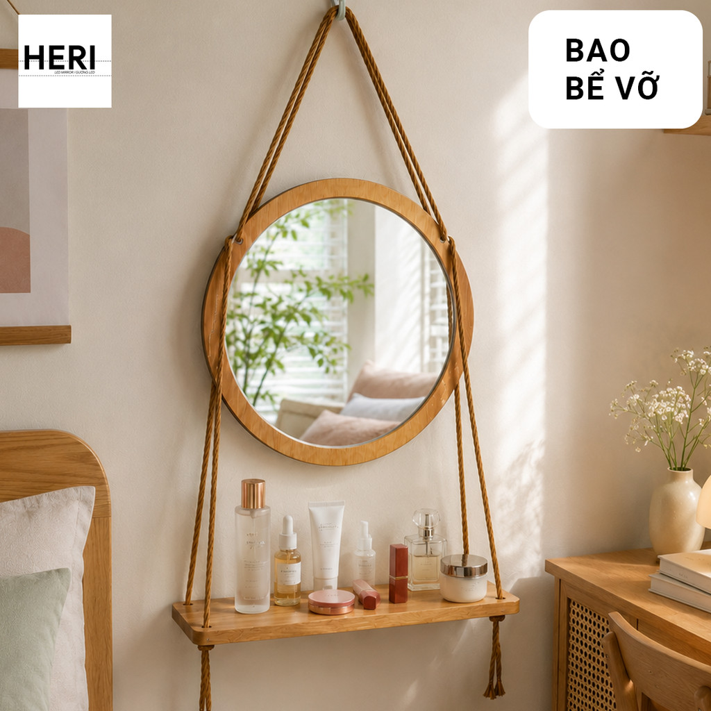 Gương Tròn Treo Tường Có Kệ 28/33cm - Gương Soi Mặt Decor Phòng Ngủ, Kệ Gỗ Tiện Lợi, Bao Bể Vỡ