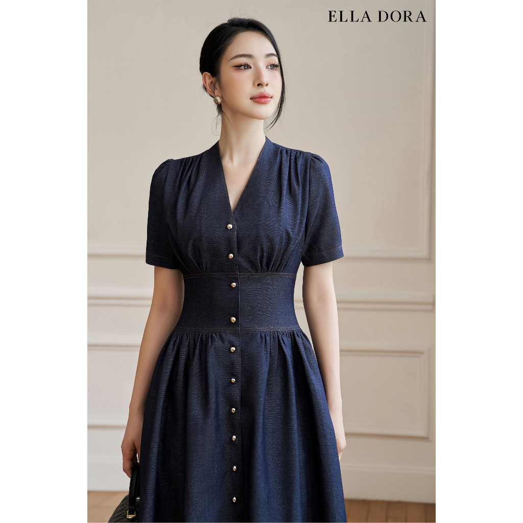 Đầm Denim nữ ELLA DORA cổ V rúm eo phối cúc đồng dáng dài công sở dễ mặc 4 mùa màu XANH ĐẬM [D239]