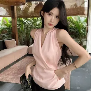 Mùa hè Phong cách mới Áo sơ mi không tay không đều Satin Top