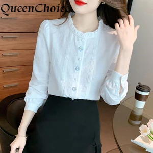 S-3XL Nữ Cotton Chắc Chắn Trắng Áo Sơ Mi Nữ Thời Trang Dài Tay Công Sở Nữ Làm Việc Rời Top Áo Sơ Mi
