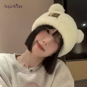 AqToCna Nữ Màu Trơn Dệt Kim Tai Gấu Dễ Thương Mũ Len Sang Trọng Gấu Nhỏ Mũ Len Nhãn Kim Loại Dệt Kim Sang Trọng Thiện Tai Bảo Vệ Mũ AqToCna