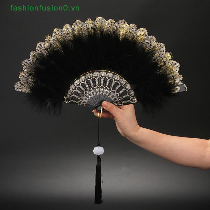 [FHF] Quạt gấp lông vũ Lolita Nhật Bản Cô gái cổ tích ngọt ngào Dark Gothic Court Dance Hand Fan có mặt dây chuyền Quà tặng Trang trí tiệc cưới MỚI