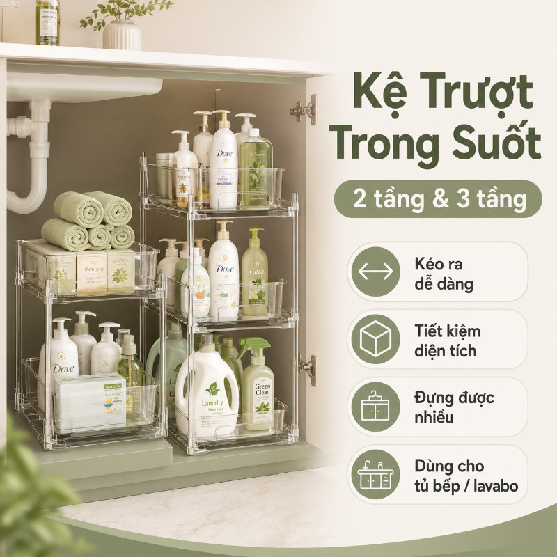 Kệ Rổ Kéo Trong Suốt 2/3 Tầng, Giá Để Đồ Dưới Bồn Rửa Tủ Bếp Phòng Tắm, Nhựa Cao Cấp