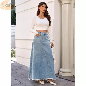 Váy Denim Dài NKSFX, Váy Jean Co Giãn Mùa Hè Cho Nữ, Tua Rua Thời Trang Viền Chữ A Váy Maxi Thường Ngày Mặc