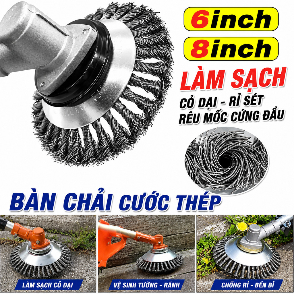 Bàn Chải Cước Thép Máy Cắt Cỏ 6 Inch 8 Inch Lưỡi Diệt Cỏ Tận Gốc Làm Sạch Rêu Gỉ Sét Trục 25.4mm