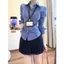 Áo sơ mi nữ màu xanh trơn eo dài tay nữ công sở nữ OL Work Top Áo sơ mi đồng phục