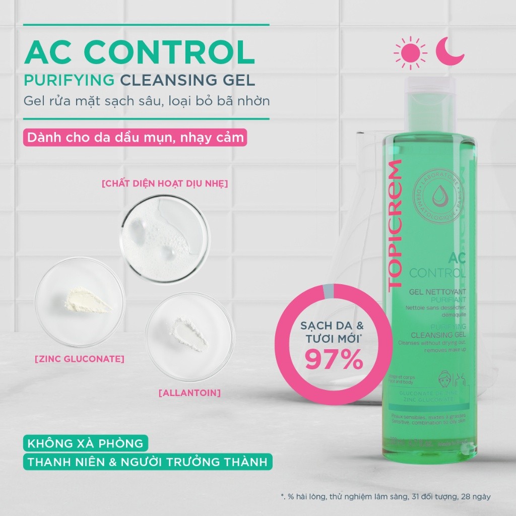 Gel rửa mặt không chứa xà phòng TOPICREM AC CONTROL PURIFYING CLEANSING GEL 200ml