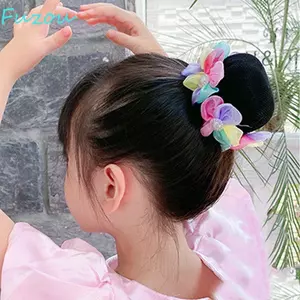 Lưới tóc hoa FUJIZOU, Lưới ngọc trai trẻ em Bun Net, Dây tóc dễ thương Cầu vồng Scrunchies Ballet Bun Snood hàng ngày