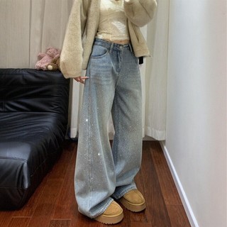 Quần jeans đính đá phong cách Mỹ dành cho nữ mùa xuân và mùa thu, quần ống rộng cạp cao dáng suông