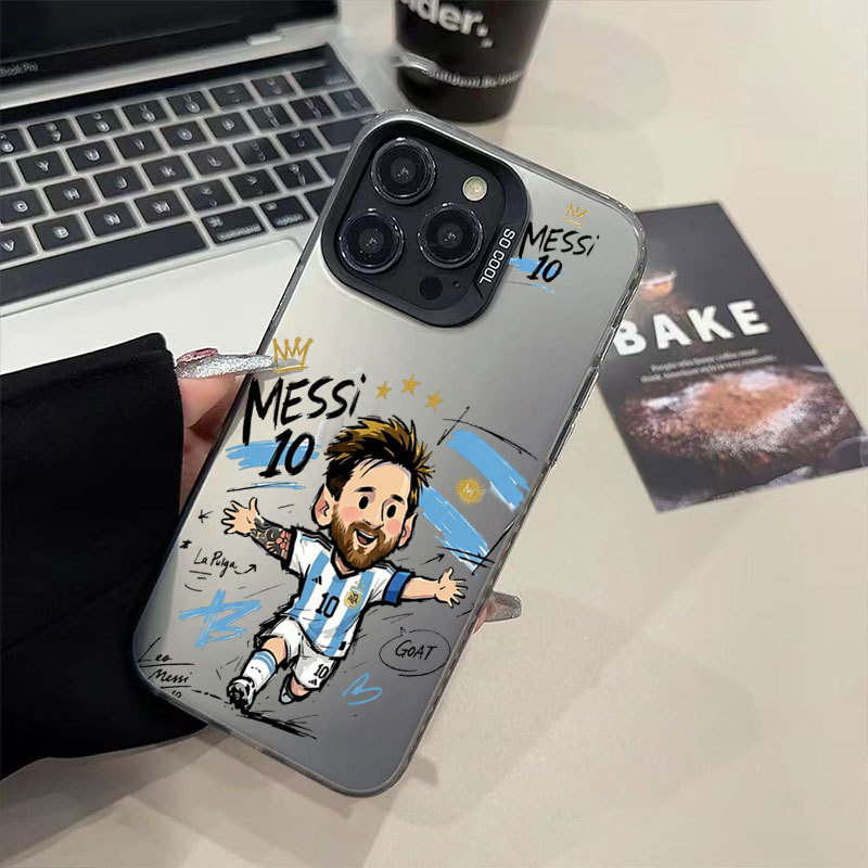 Ốp lưng iPhone hoạt hình họa tiết Messi phủ kim loại IMD iP 17 16 15 14 13 12 11 Pro Max Plus X Max 7 8 Plus Air
