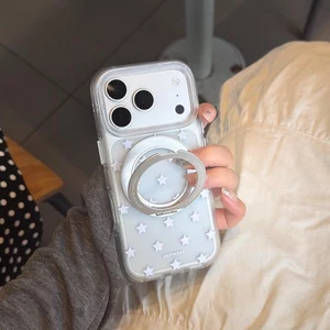 Vỏ cứng trong suốt Tương thích với iPhone 15 15Pro 15ProMax 16 16Pro 16ProMax 17 17Pro 17ProMax Vỏ nam châm họa tiết ngôi sao bạc