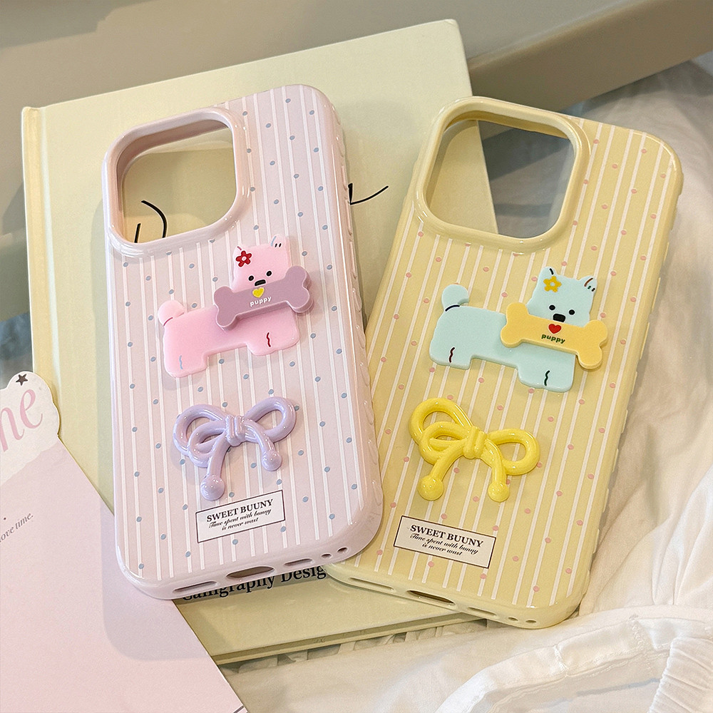 Ốp điện thoại mềm hình chó xương nơ 3D cho iPhone 17 Pro Max 16 15 14 13 Vỏ bảo vệ chống sốc