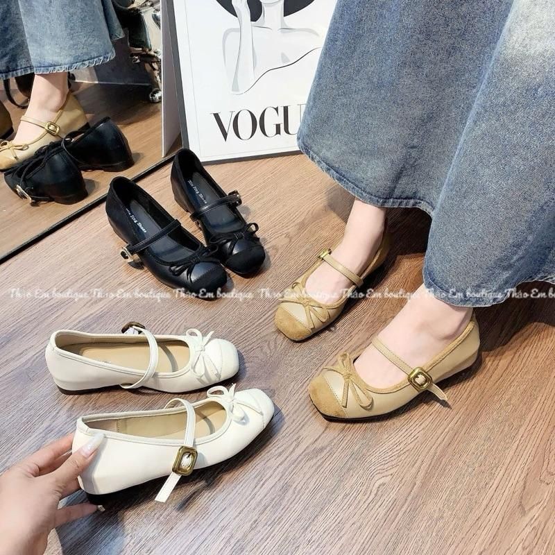 [Thảo Em - BB40] Giày búp bê dấu đế 3p mềm phối mũi da lộn xinh cá tính thời trang