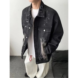 Áo khoác denim nam ESEA thiết kế rách hạng nặng, phong cách Mỹ, chất lượng cao.
