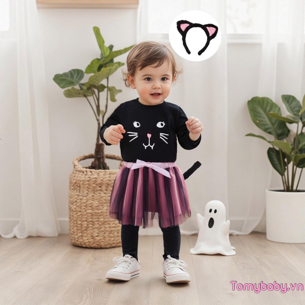 Bộ trang phục Halloween cho bé gái mới biết đi Áo thun in hình mèo + Váy chữ A Mini vải tuyn + Đuôi + Băng đô Bộ 4 chiếc