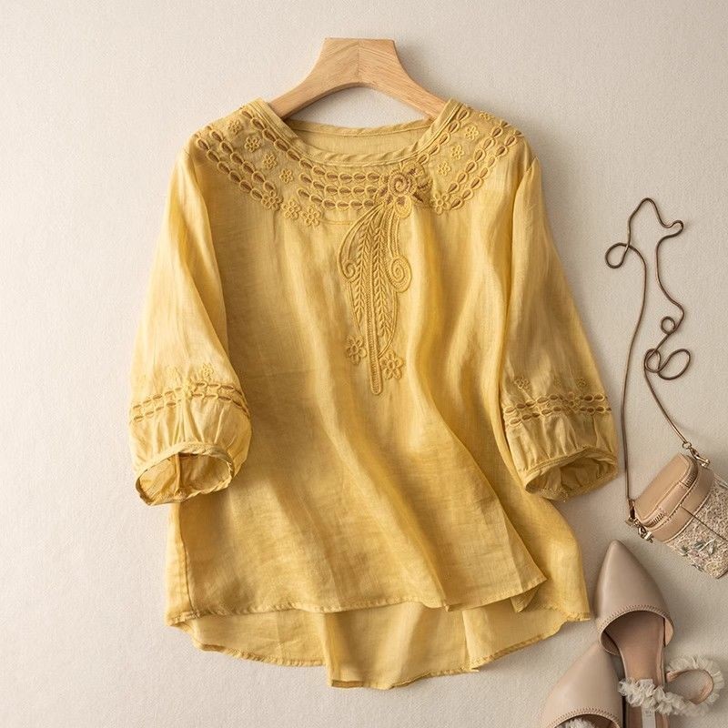 Áo thun cotton và vải lanh phong cách dân tộc cổ điển, thêu, dáng rộng cho mùa hè