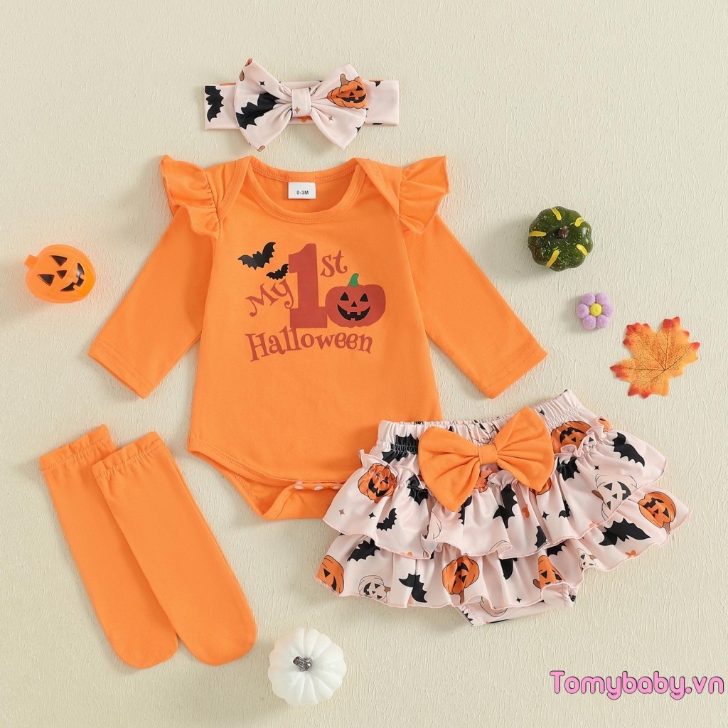 Bộ trang phục Halloween cho bé gái Áo liền quần dài tay in chữ + Skort nhiều lớp + Băng đô + Tất Bộ 4 chiếc