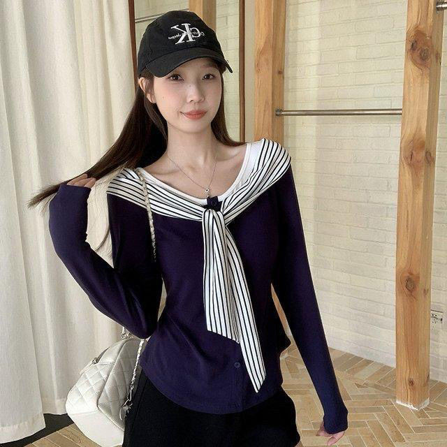 Milyfashion Navy Blue Stitching Sọc Ren Dài Tay T Phong Cách Mới Mỏng Hơn Nhìn Slim-Fit Top Base Quần Áo Nữ