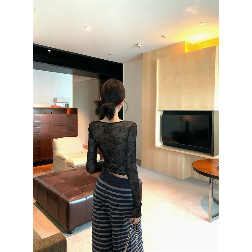 Nơ Cổ Chữ V Áo Thun Dài Tay Nữ Ren Ngắn