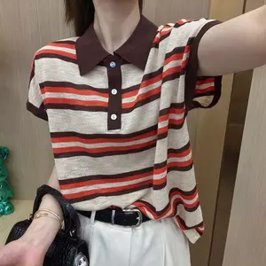 Áo sơ mi Polo sọc màu tương phản phong cách Hàn Quốc Size lớn dáng rộng dáng rộng mỏng hơn Áo dệt kim băng lụa ngắn tay