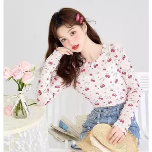 Áo lót dài tay in hình mùa thu phong cách Hàn Quốc Slim-Fit Thời trang phù hợp Áo thun hàng đầu trong suốt hơi