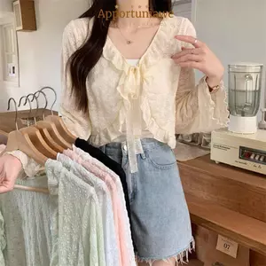 Áo dệt kim IAPPORTUNIA, Áo len dệt kim buộc dây chống nắng, Áo khoác mỏng mỏng dài tay bằng vải Polyester dành cho nữ