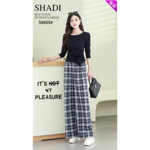 58805 Phong cách mới Mori Thời trang nữ dáng ôm hơn có dây buộc ba phần tư tay áo phù hợp với quần kẻ sọc Bộ đồ hai mảnh