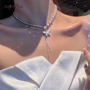 AqToCna Sáng Bóng Bướm Nối Ngọc Trai Nelace Cho Nữ Ngọt Ngào Đơn Giản Xương Đòn Dây Xích Choker Xu Hướng Mặt Dây Chuyền Trang Sức AqToCna