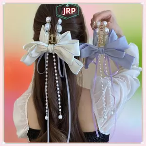 JRP Thời Trang Pháp Ngọc Trai Nơ Dài sel Vuốt Tóc Nữ Ba Đầu Kẹp Tóc Mũ Phụ Kiện Tóc Quà Tặng JRP