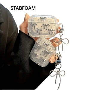 Vỏ bảo vệ STABFOAM, Tai nghe TPU nơ bạc, Dễ thương có mặt dây chuyền Vỏ mềm chống sốc cho Airpods 4 / 3 / 2 / 1 / pro2 /