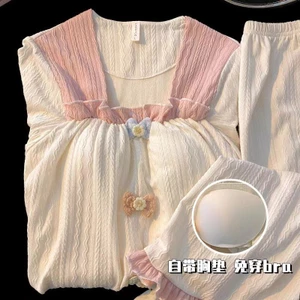 Bộ Đồ Ngủ Mùa Xuân Và Mùa Thu Cao Cấp Cho Nữ Dài Tay Có Đệm Ngực Jacquard Ve Áo Bộ Đồ Nữ Mặc Nhà Dễ Thương Và Ngọt Ngào