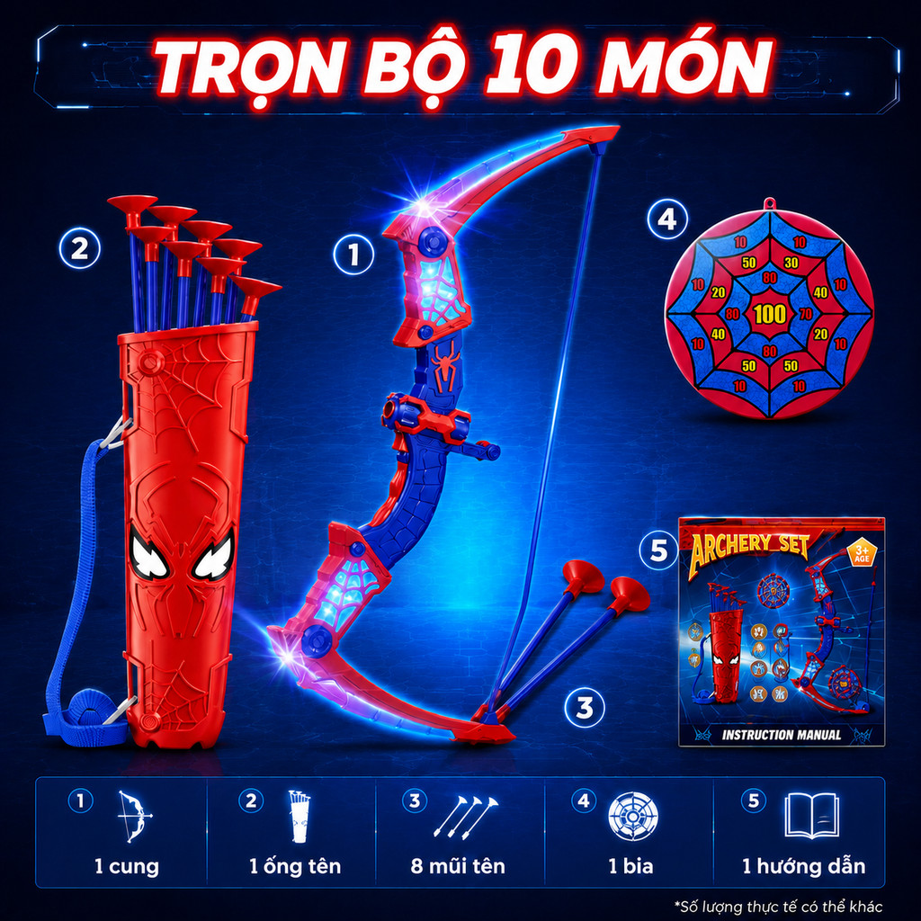 Bộ Cung Tên Người Nhện LED Phát Sáng Trọn Bộ 10 Món Đồ Chơi Ngoài Trời An Toàn Cho Bé Trai 3 Tuổi