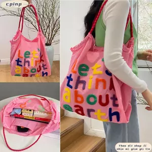 Túi mua sắm CPINCP, Túi đeo vai Tote dung tích lớn, Túi xách thêu chữ phong cách Nhật Bản du lịch