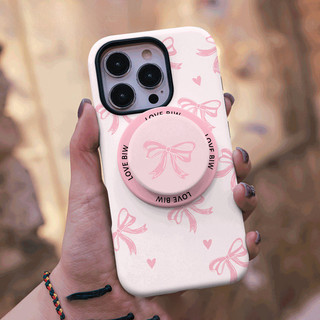 Ốp bảo vệ chân đế họa tiết nơ màu hồng cho iPhone 11 12promax 13pro15pro 15promax 14 14promax 14pro 16 pro max 16 plus 17 17promax ốp lưng hai trong một