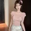 Áo thun ngắn tay nữ nơ in chữ ngọt ngào ngắn rỗng thiết kế hàng đầu