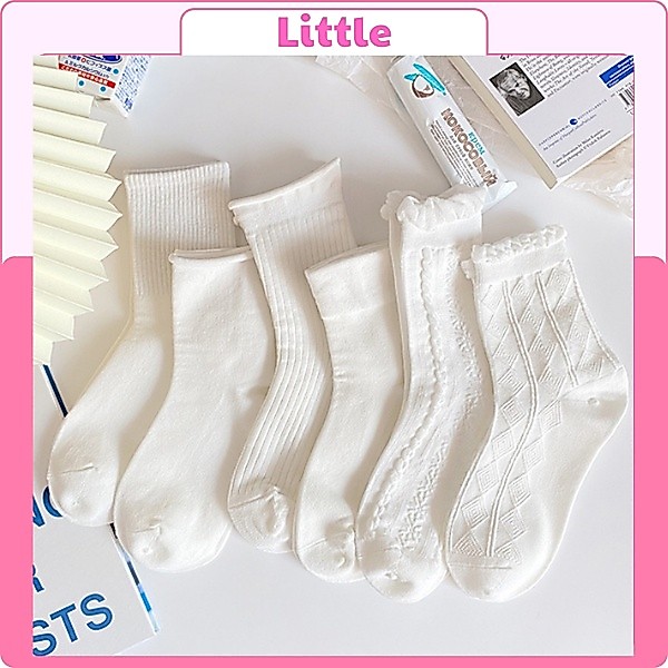 Tất Cổ Cao Nữ Hàn Quốc Lonita Bộ 6 Mẫu, Vớ Cổ Cao Nữ Trắng Vải Cotton