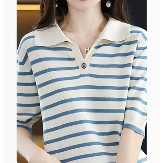 Áo Len Sọc Tay Ngắn Nữ Cổ Áo Polo Mùa Hè Rời Đi Lại Mỏng Top